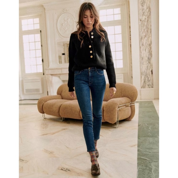 New Sezane Lucas Cotton Wool Jumper Gold Buttons Black Small - Picture 2 of 5